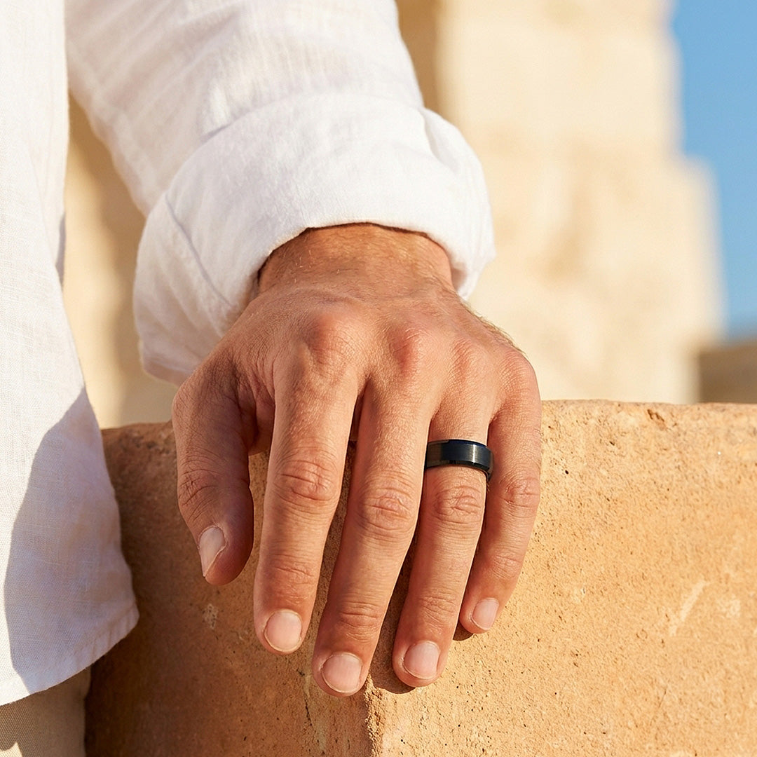 Gadget | Black Matte Bevelled Edge Blue Interior Tungsten Carbide | Men's Ring