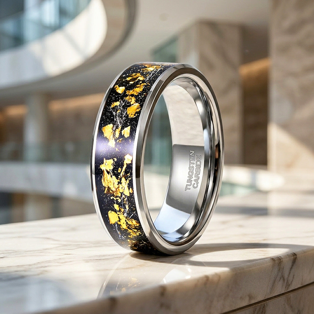 Golden Flakes | Silver High Polish Gold Foil Inlay Tungsten Ring