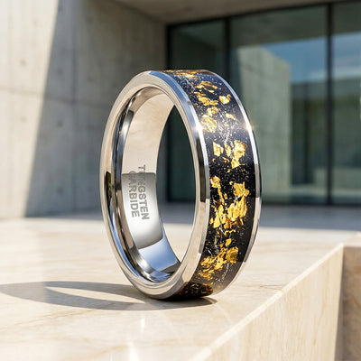 Golden Flakes | Silver High Polish Gold Foil Inlay Tungsten Ring
