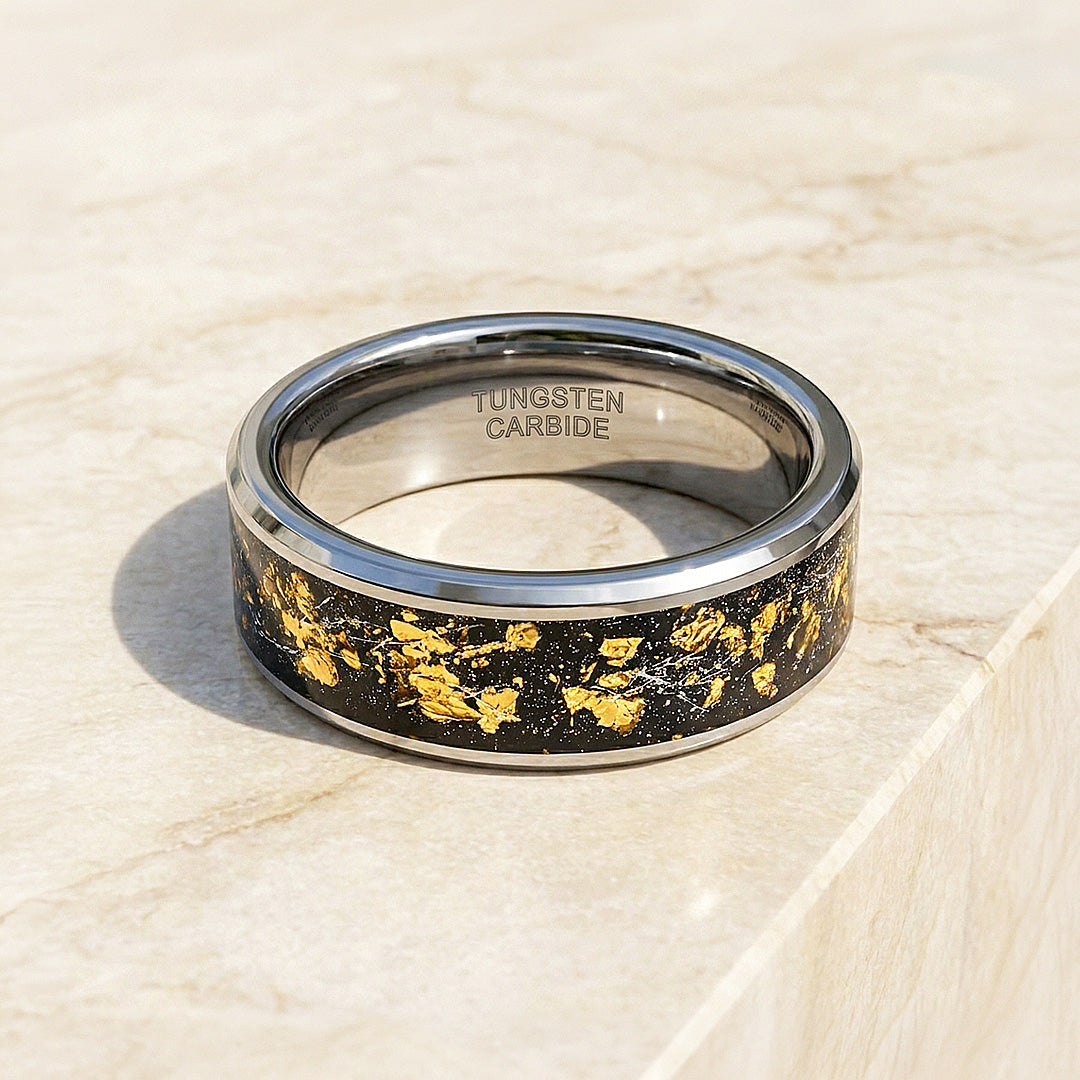 Golden Flakes | Silver High Polish Gold Foil Inlay Tungsten Ring