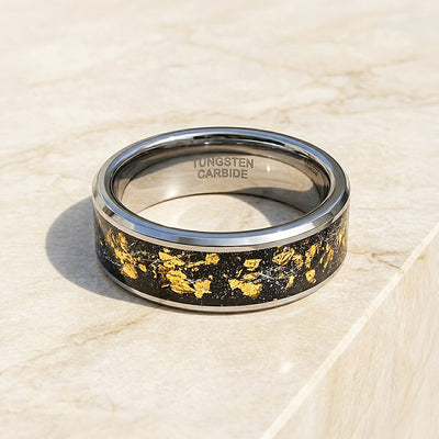 Golden Flakes | Silver High Polish Gold Foil Inlay Tungsten Ring