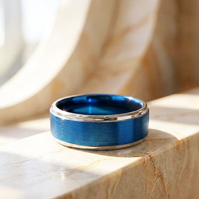 Grant | Brushed Blue and Silver Stepped Edge Tungsten Carbide | Men's Ring