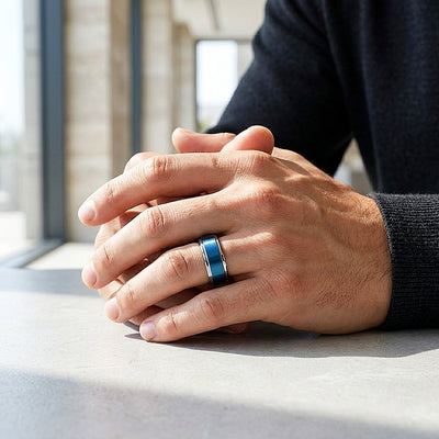 Grant | Brushed Blue and Silver Stepped Edge Tungsten Carbide | Men's Ring