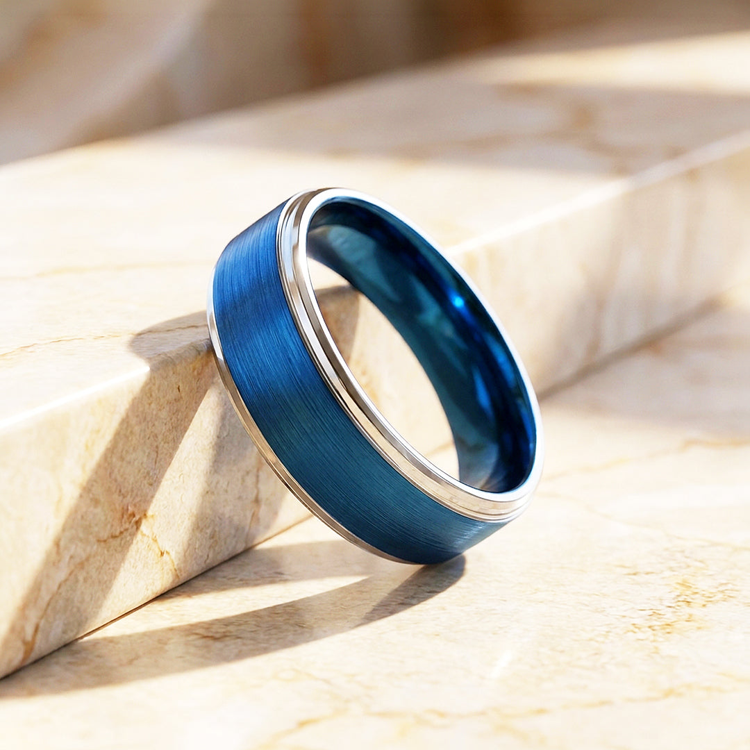 Grant | Brushed Blue and Silver Stepped Edge Tungsten Carbide | Men's Ring
