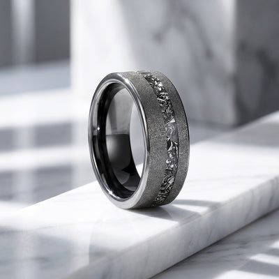 Gravel | Sandblasted Meteorite Fragment Inlay Tungsten Carbide | Men's Ring