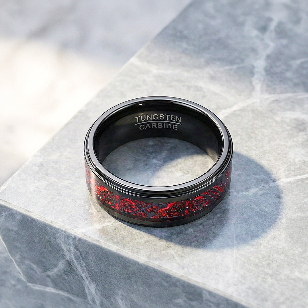 Haku | Celtic Red Carbon Fibre Inlay Black Tungsten Carbide | Men's Ring