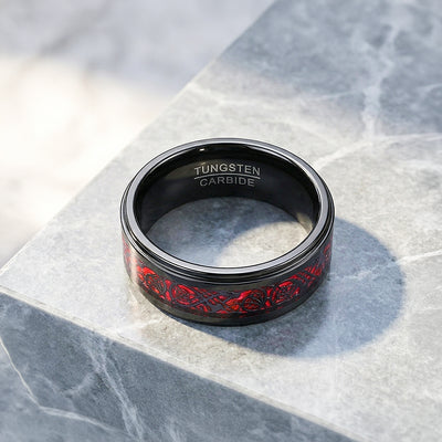 Haku | Celtic Red Carbon Fibre Inlay Black Tungsten Carbide | Men's Ring
