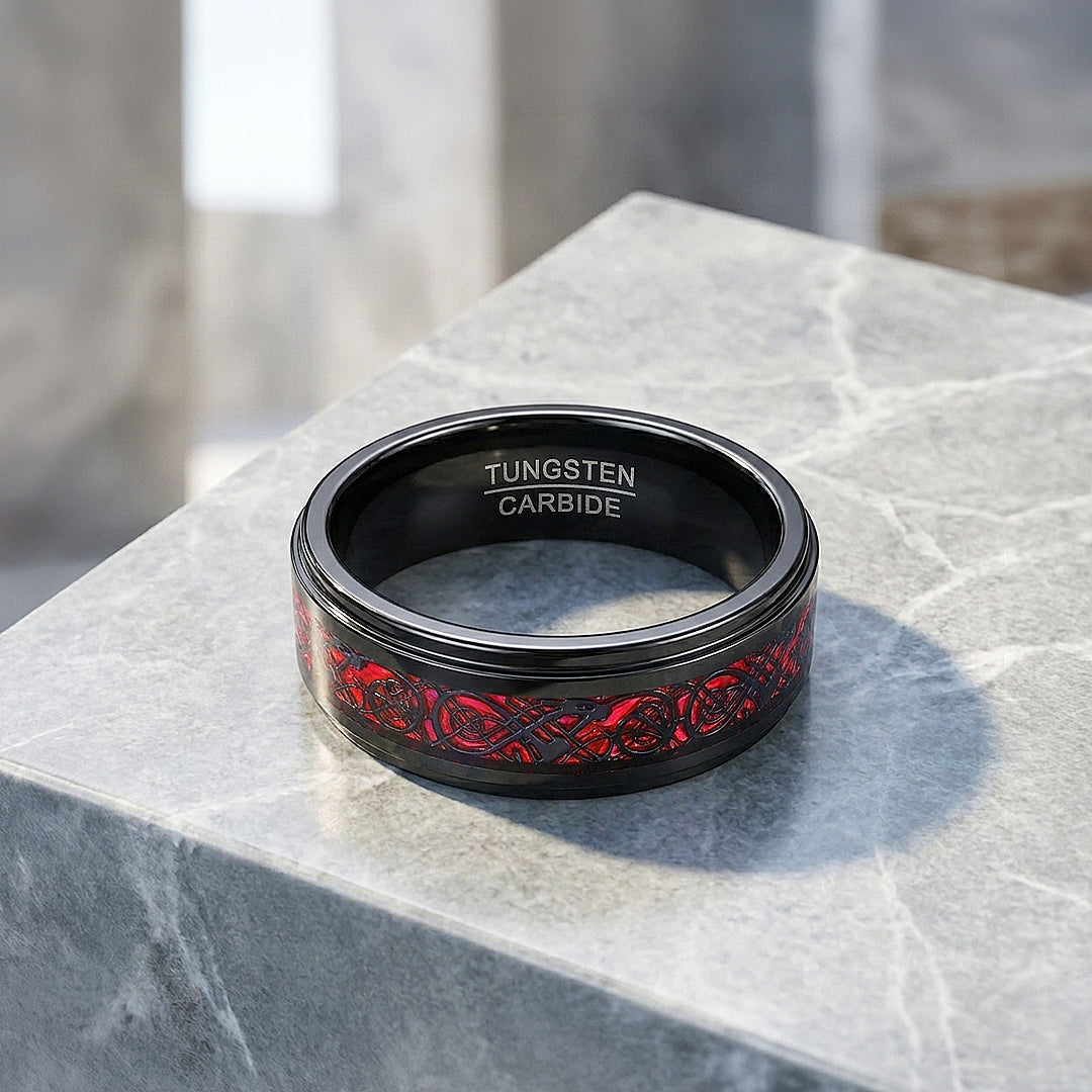 Haku | Celtic Red Carbon Fibre Inlay Black Tungsten Carbide | Men's Ring