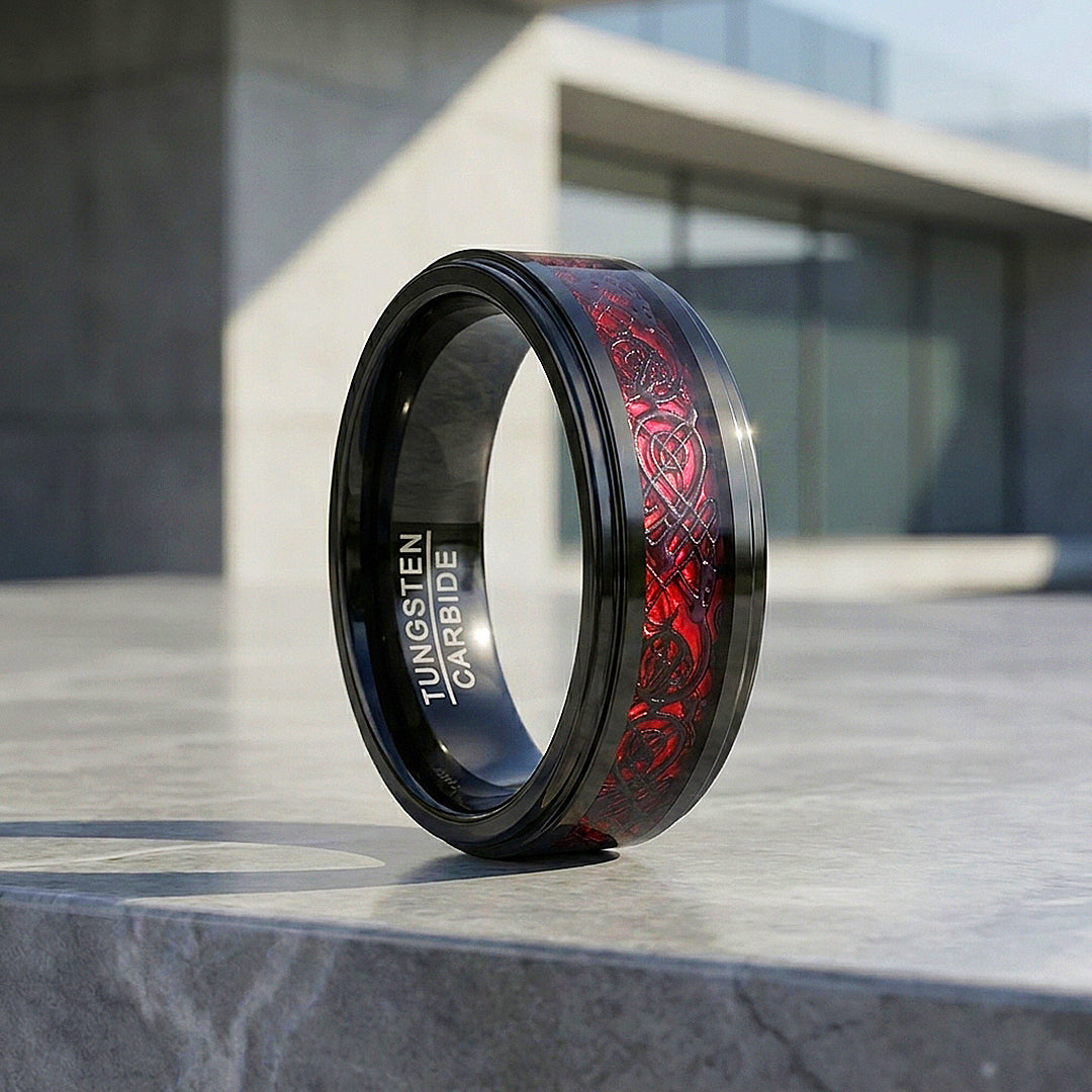 Haku | Celtic Red Carbon Fibre Inlay Black Tungsten Carbide | Men's Ring