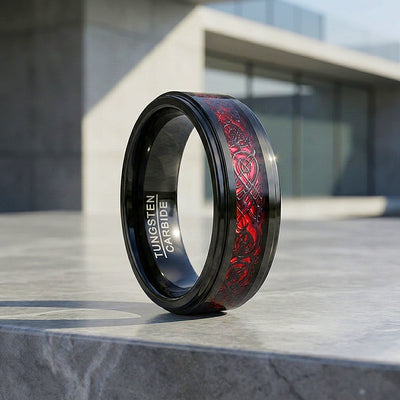 Haku | Celtic Red Carbon Fibre Inlay Black Tungsten Carbide | Men's Ring
