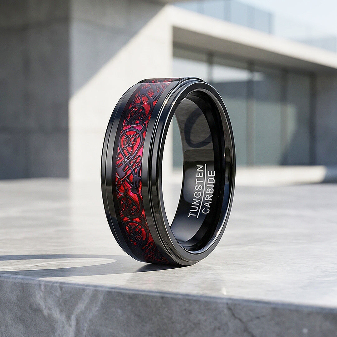 Haku | Celtic Red Carbon Fibre Inlay Black Tungsten Carbide | Men's Ring