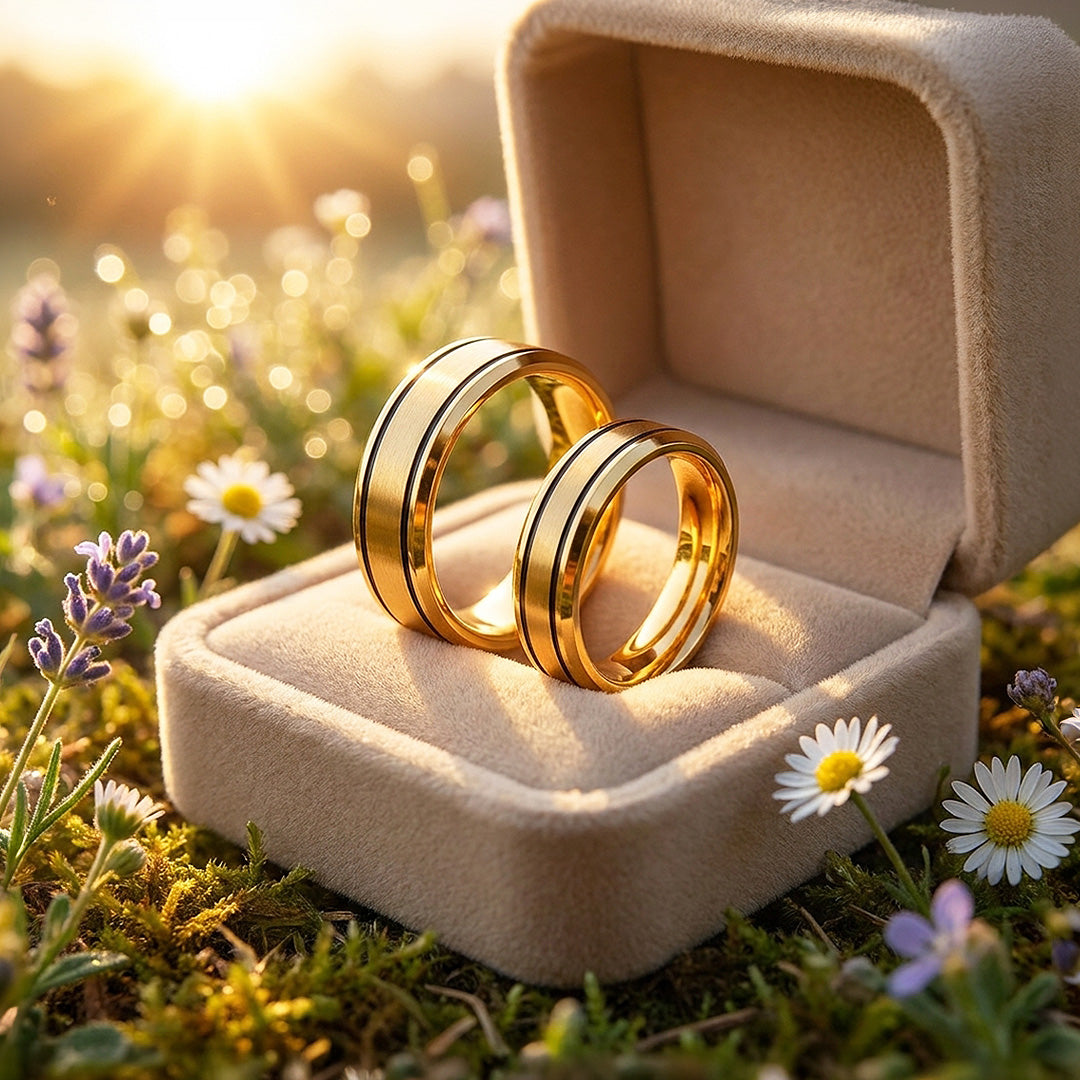 Hera | Brushed Center Dual Black Grooves Bevelled Flat Wedding Band