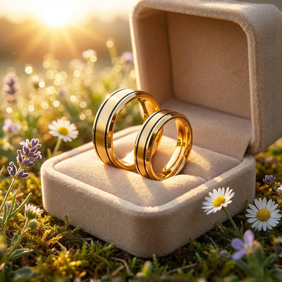 Hera | Brushed Center Dual Black Grooves Bevelled Flat Wedding Band