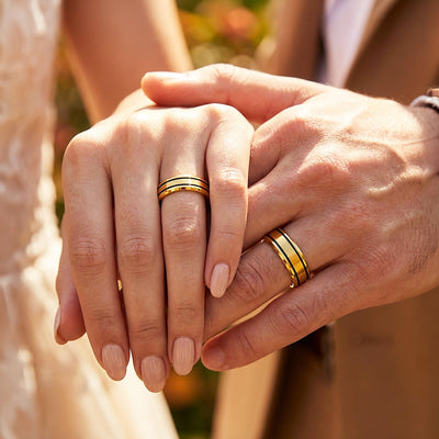Hera | Brushed Center Dual Black Grooves Bevelled Flat Wedding Band