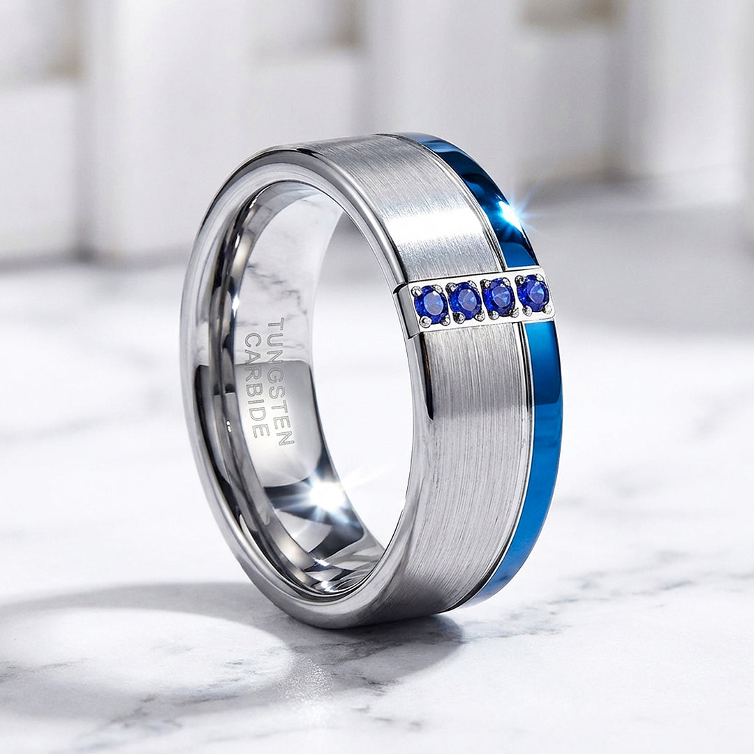 Hinokin Brushed Blue Diamond Simulant Tungsten Carbide Ring | Men's Ring