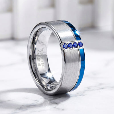 Hinokin Brushed Blue Diamond Simulant Tungsten Carbide Ring | Men's Ring