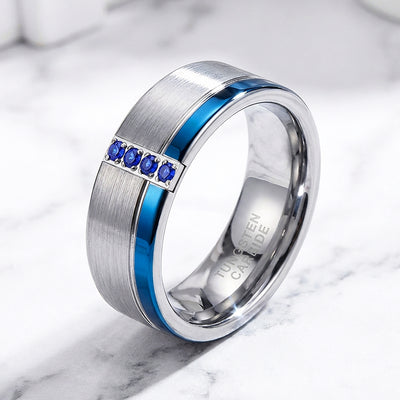 Hinokin Brushed Blue Diamond Simulant Tungsten Carbide Ring | Men's Ring
