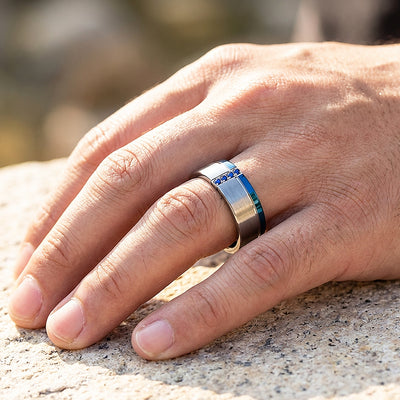Hinokin Brushed Blue Diamond Simulant Tungsten Carbide Ring | Men's Ring
