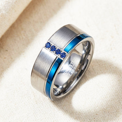Hinokin Brushed Blue Diamond Simulant Tungsten Carbide Ring | Men's Ring