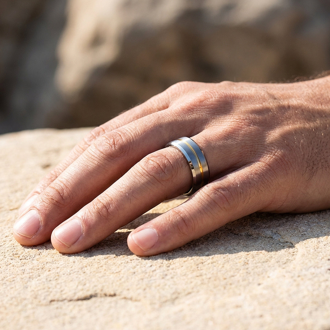 Humbert Brushed Gold Groove Tungsten Carbide Ring | Men's Ring