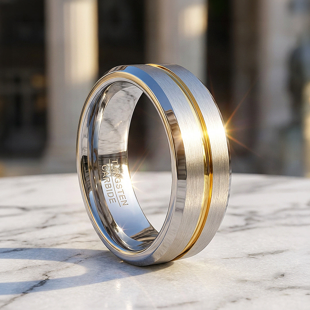 Humbert Brushed Gold Groove Tungsten Carbide Ring | Men's Ring