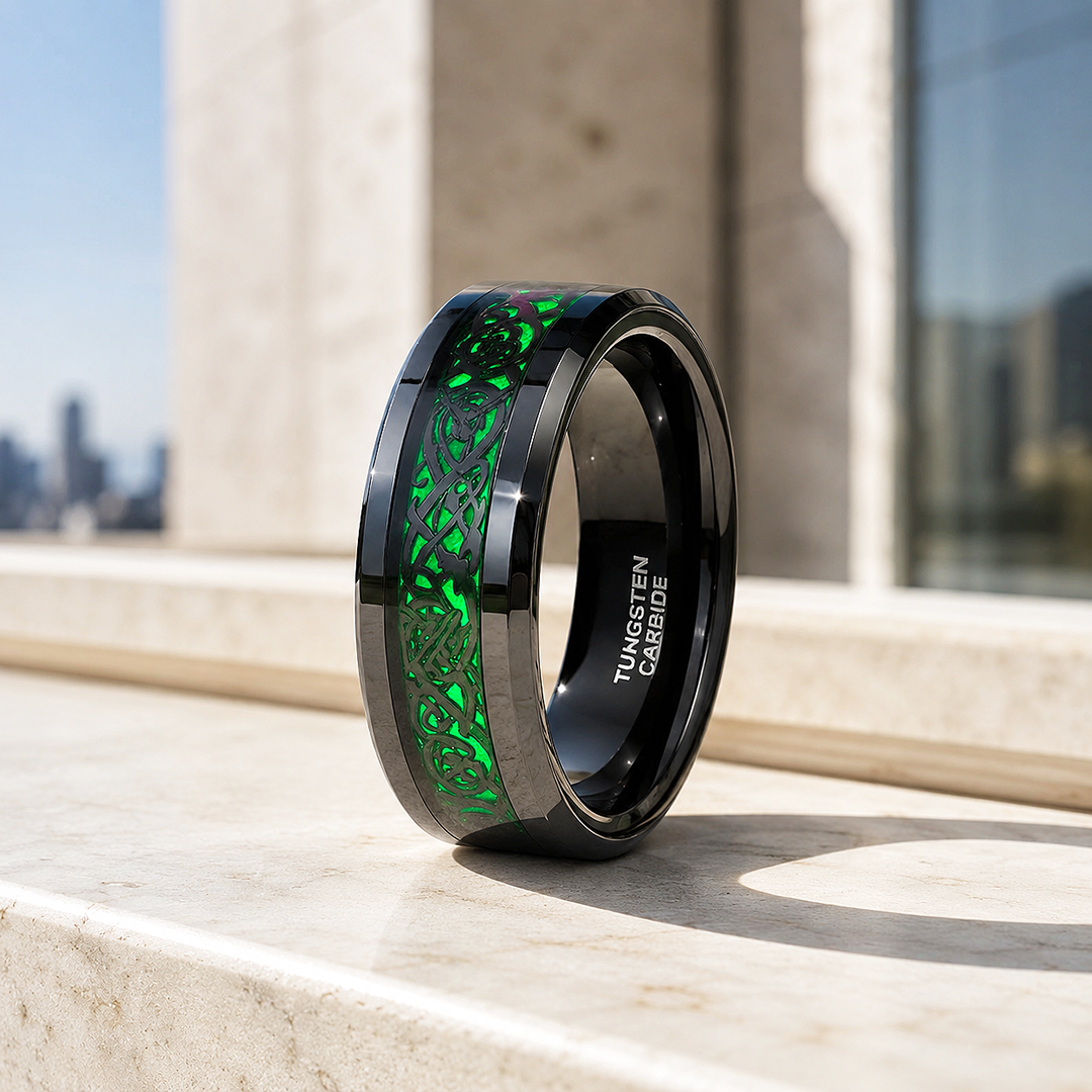 Lumineon | Black Dragon Green Glow Tungsten Carbide Men's Ring
