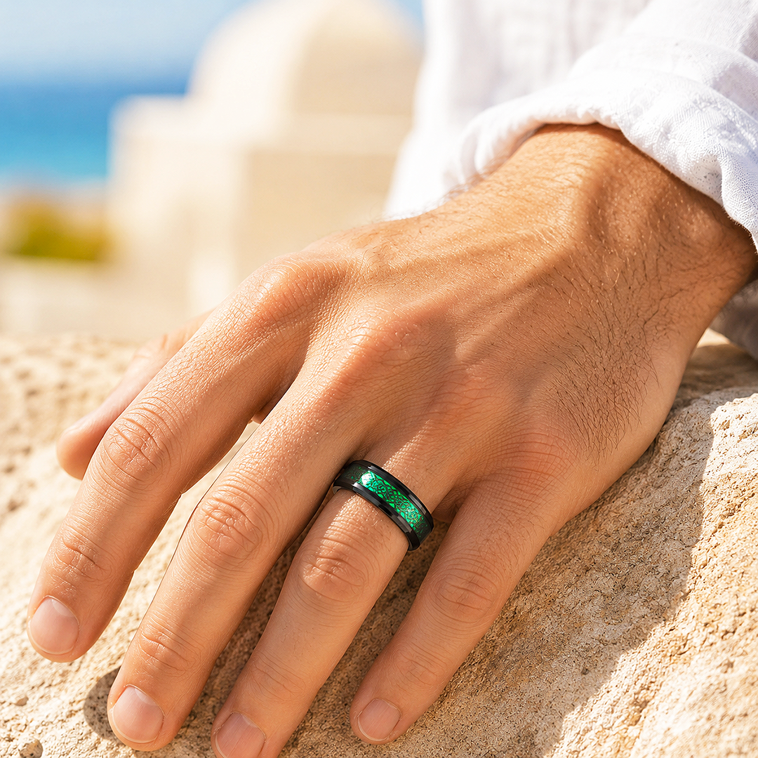 Lumineon | Black Dragon Green Glow Tungsten Carbide Men's Ring
