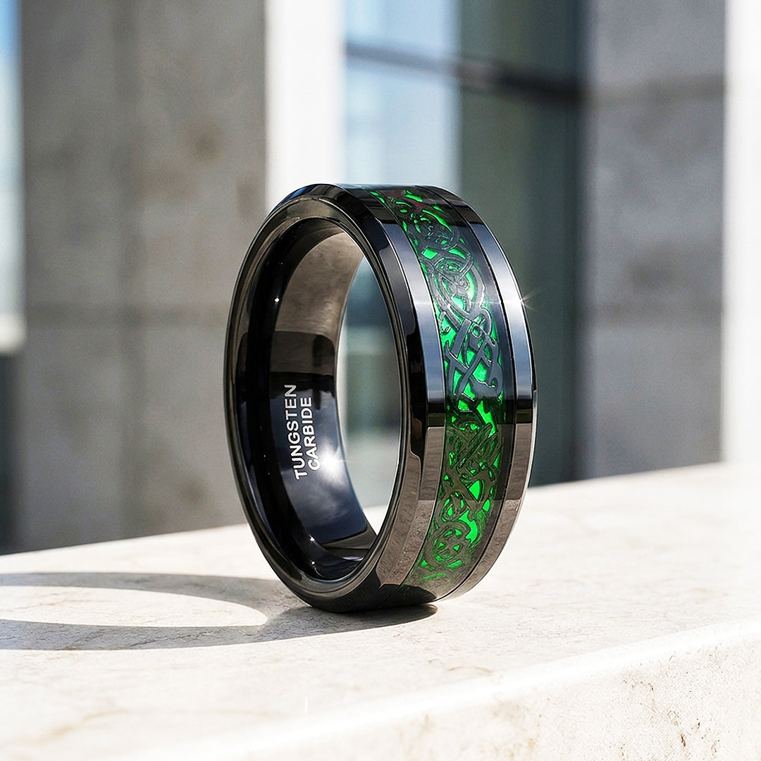 Lumineon | Black Dragon Green Glow Tungsten Carbide Men's Ring