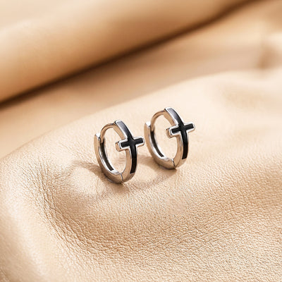 Black Enamel Cross Huggie Hoop | Men's Earrings | ME1007