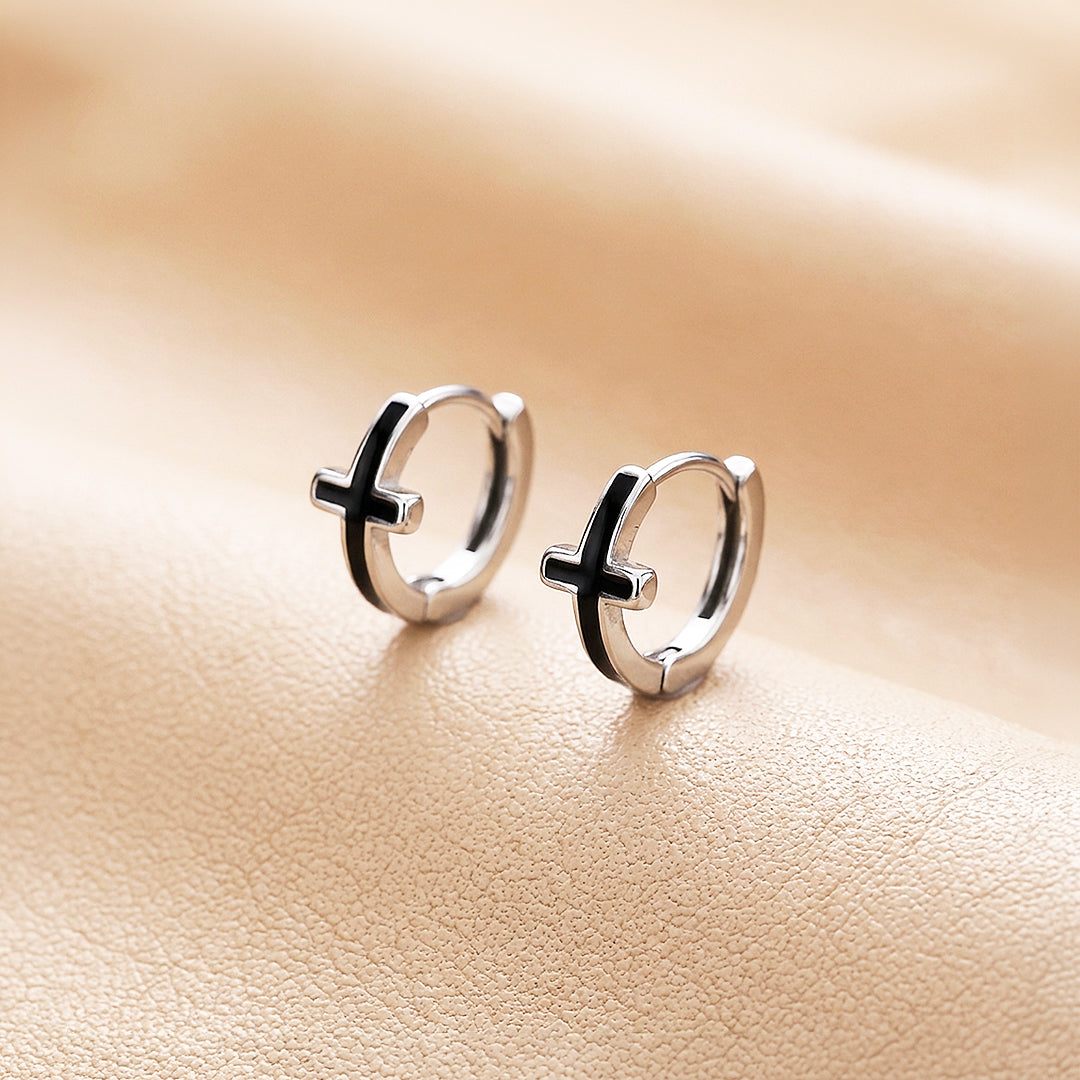 Black Enamel Cross Huggie Hoop | Men's Earrings | ME1007