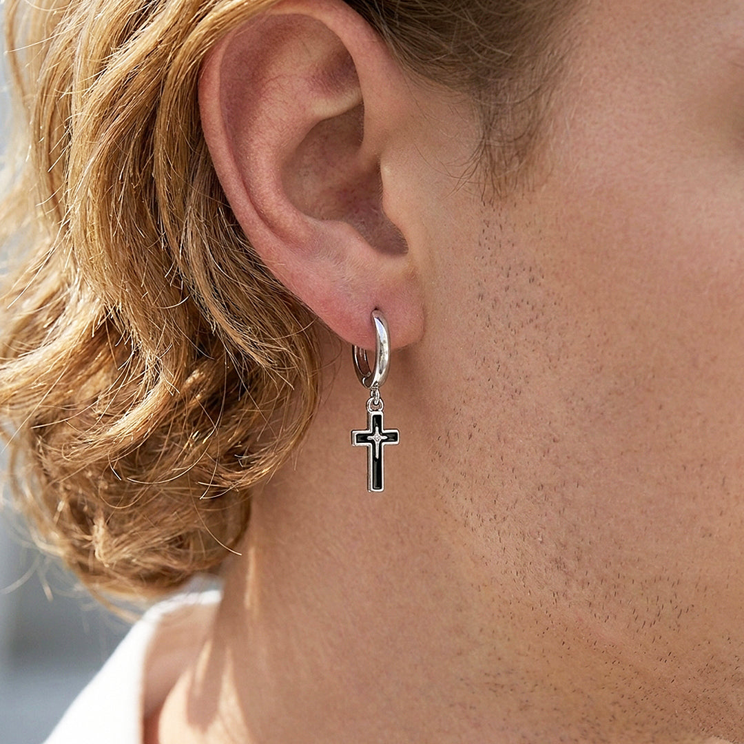 Black Enamel Cross Drop Huggie Hoop | Men's Earrings | ME1008