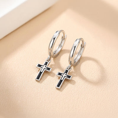 Black Enamel Cross Drop Huggie Hoop | Men's Earrings | ME1008