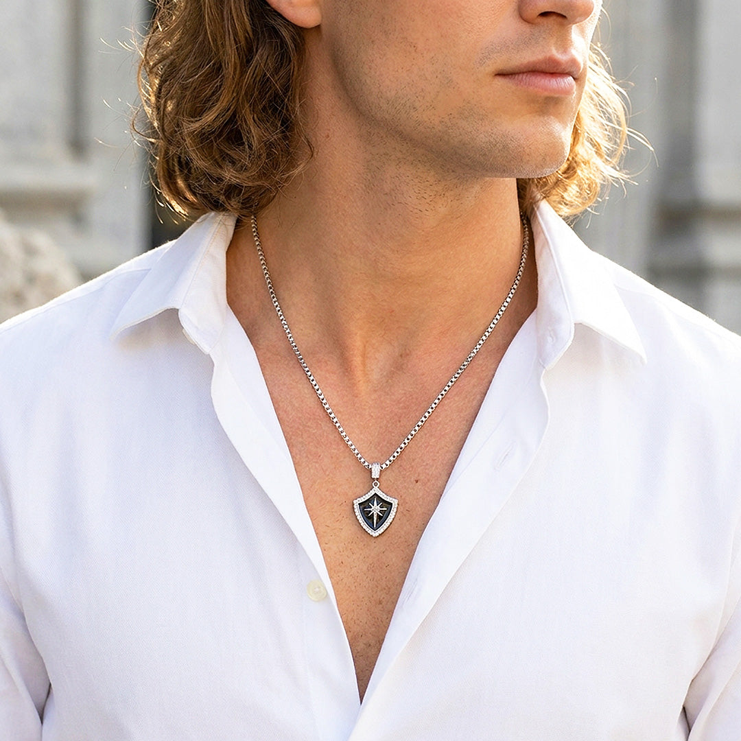 Black Enamel Star Shield Pendant | Men's Necklace | MN1096