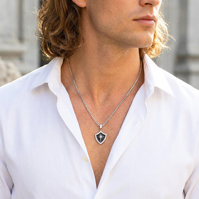 Black Enamel Star Shield Pendant | Men's Necklace | MN1096