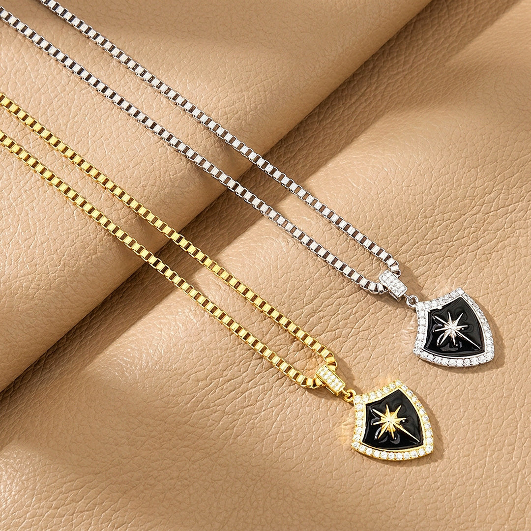 Black Enamel Star Shield Pendant | Men's Necklace | MN1096
