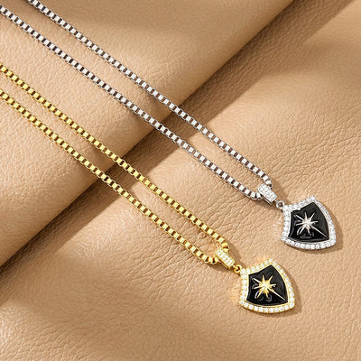 Black Enamel Star Shield Pendant | Men's Necklace | MN1096