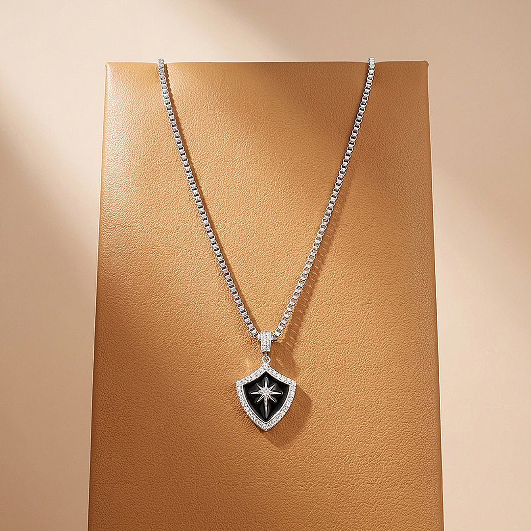 Black Enamel Star Shield Pendant | Men's Necklace | MN1096