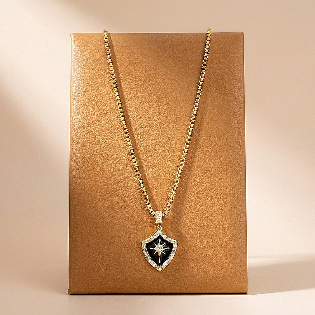 Black Enamel Star Shield Pendant | Men's Necklace | MN1096