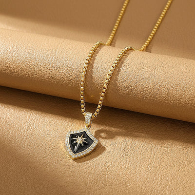 Black Enamel Star Shield Pendant | Men's Necklace | MN1096