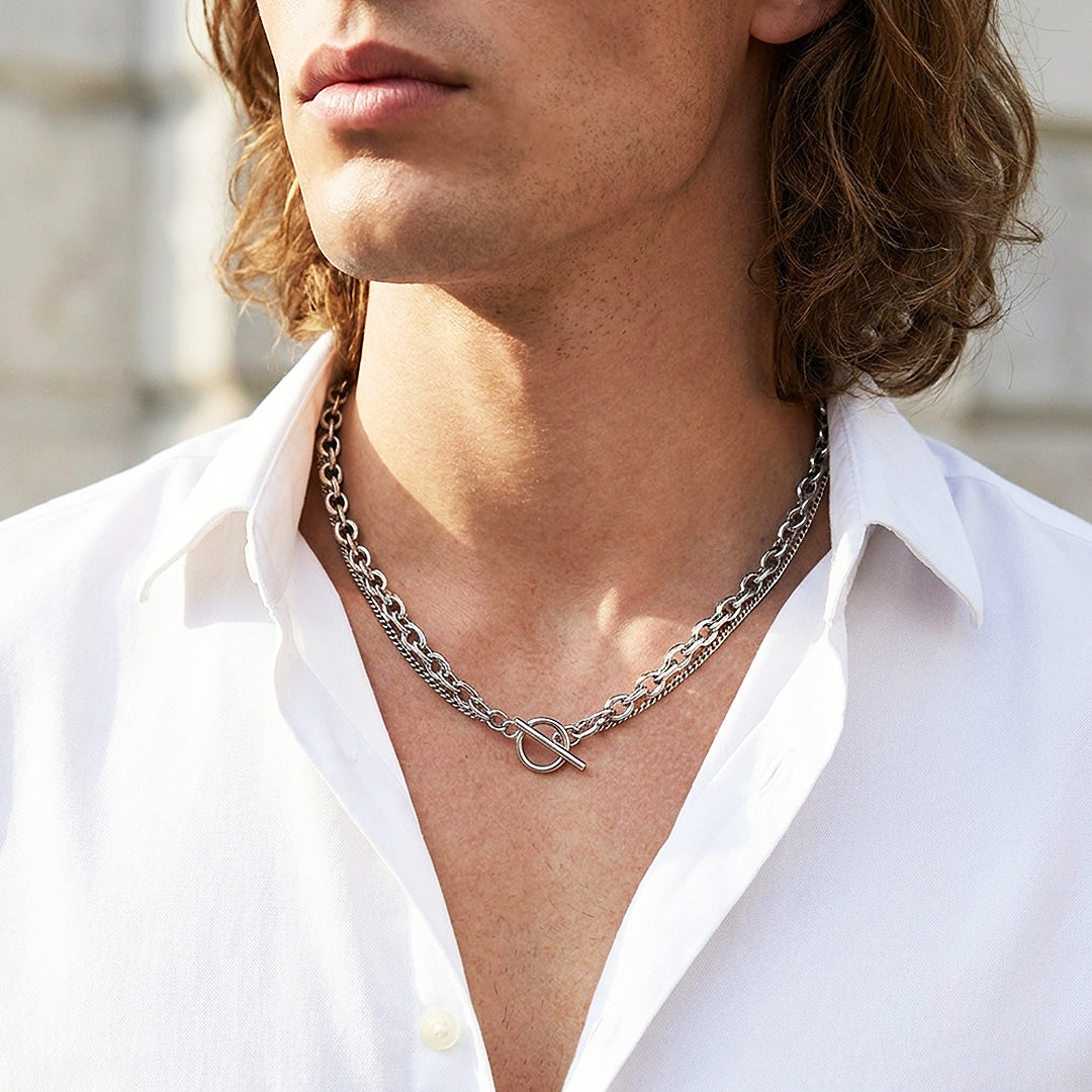 Layered Cable & Curb Chain Toggle Necklace | Men's Necklace | MN1099