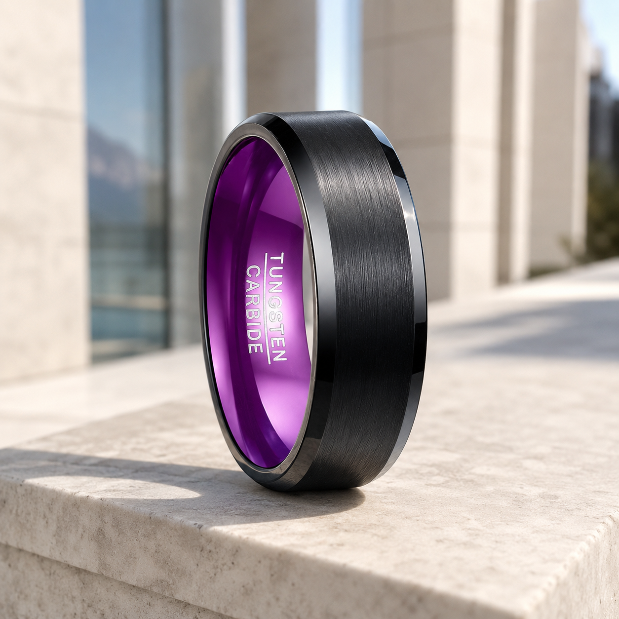 Magenta | Brushed Black Purple Interior Tungsten Carbide Men's Ring