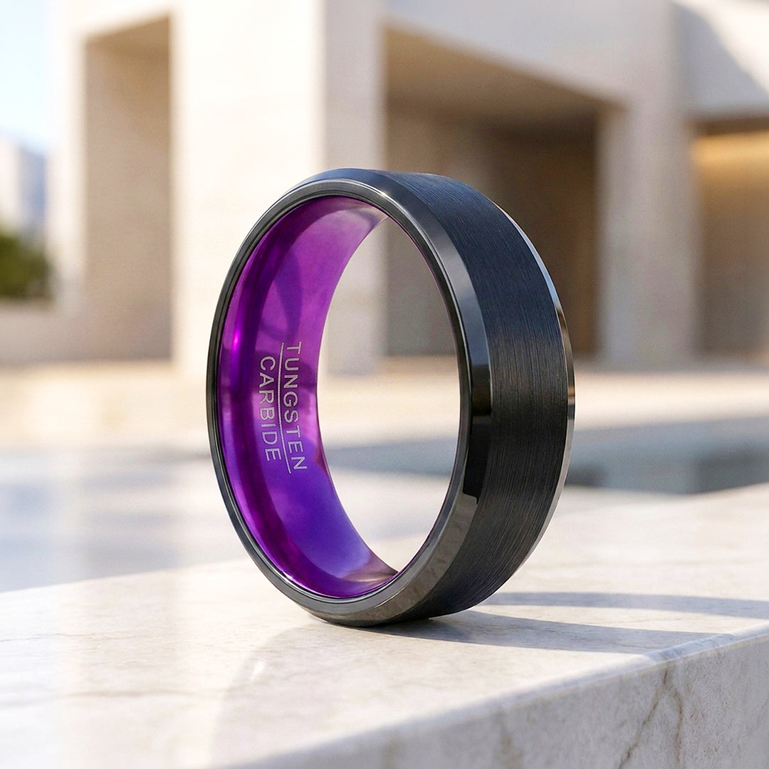 Magenta | Brushed Black Purple Interior Tungsten Carbide Men's Ring