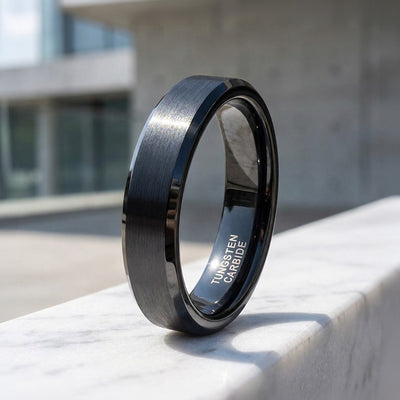 Merit | Black Brushed Bevelled Edge Tungsten Ring | Men's Ring