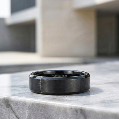 Merit | Black Brushed Bevelled Edge Tungsten Ring | Men's Ring
