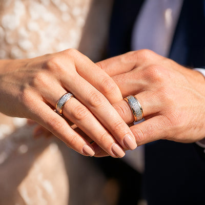 Meteorite | Tungsten Couple Rings | Rose Gold Wedding Bands