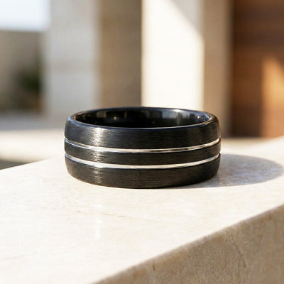 Midnight Edge | Black Brushed Dual Silver Groove Tungsten Carbide | Men's Ring