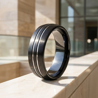 Midnight Edge | Black Brushed Dual Silver Groove Tungsten Carbide | Men's Ring