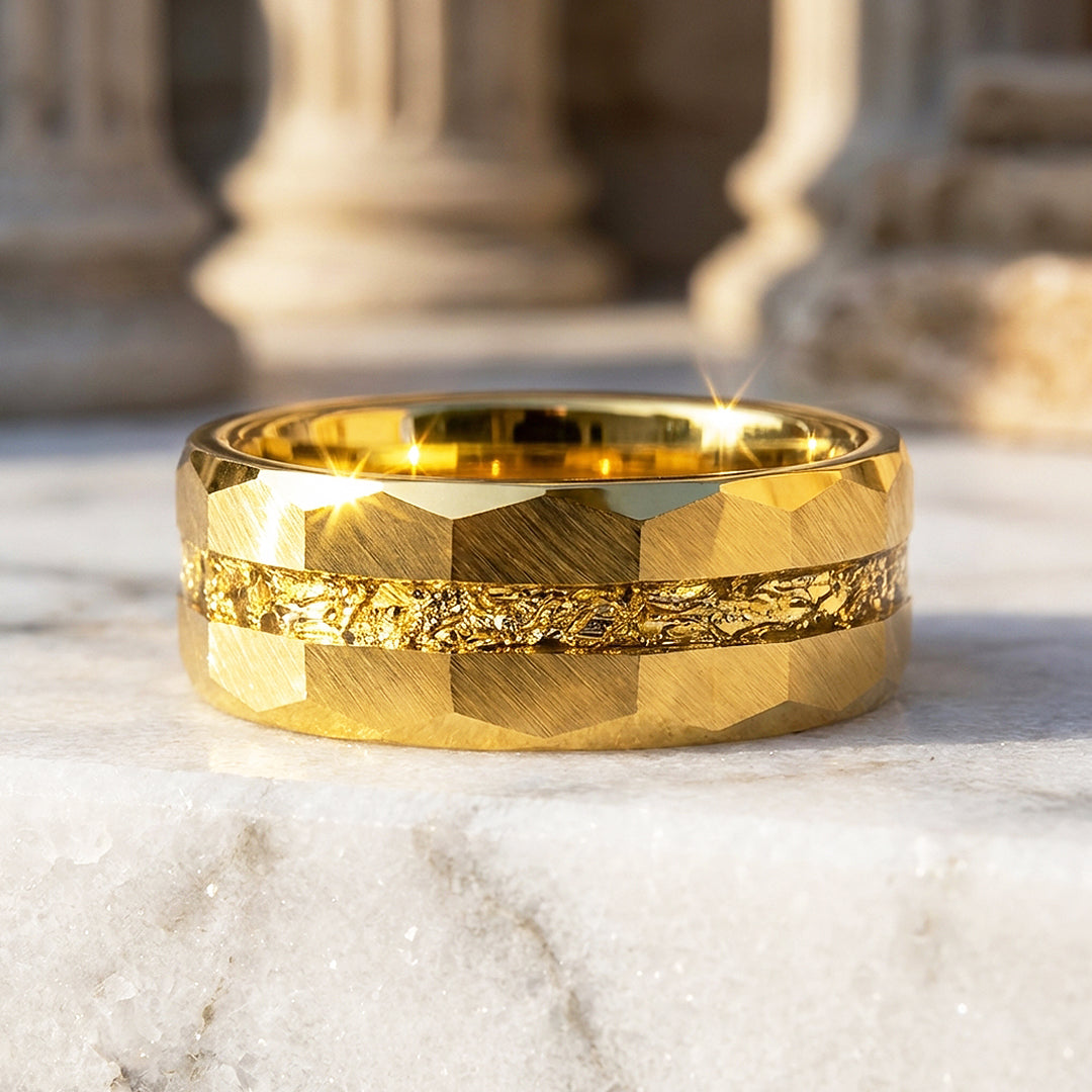 Molten Hammered Gold Tungsten Carbide Ring | Men's Ring