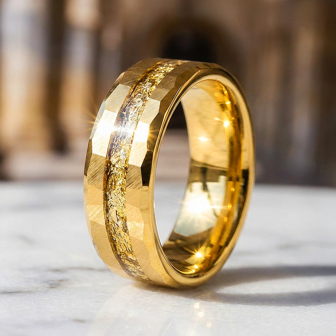 Molten Hammered Gold Tungsten Carbide Ring | Men's Ring