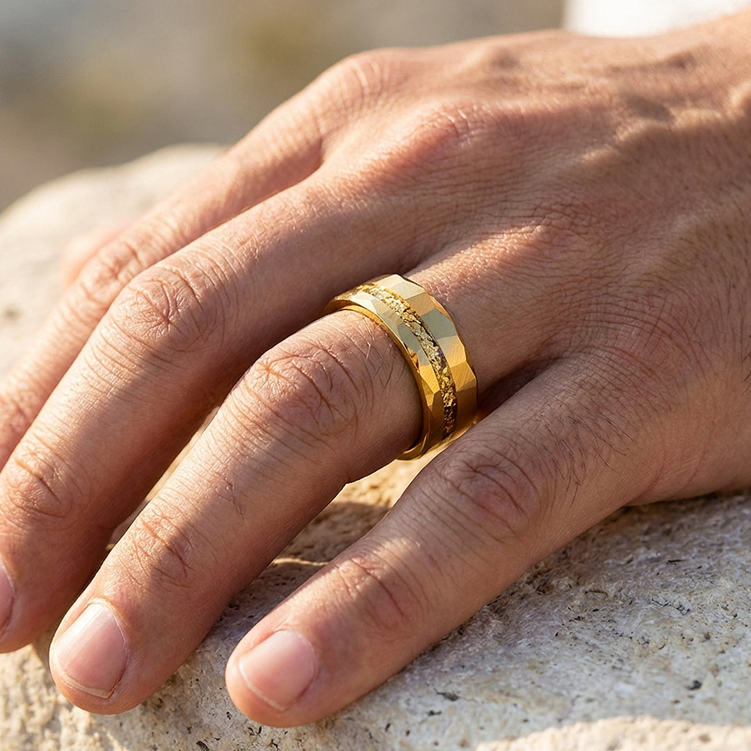 Molten Hammered Gold Tungsten Carbide Ring | Men's Ring